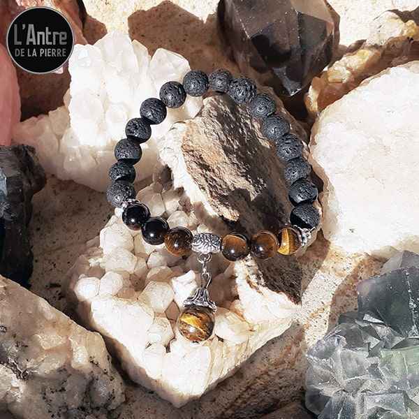 Bracelet en Pierre de Lave et Œil de Tigre de 8 mm avec un Œil de Tigre en Pendant