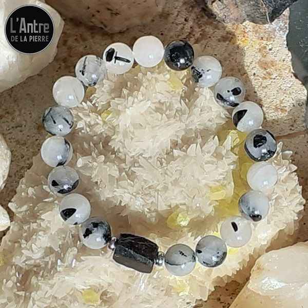Mon Bracelet avec de la Tourmaline Noire Brute Cubique et du Quartz Tourmaline Boules de 8 mm