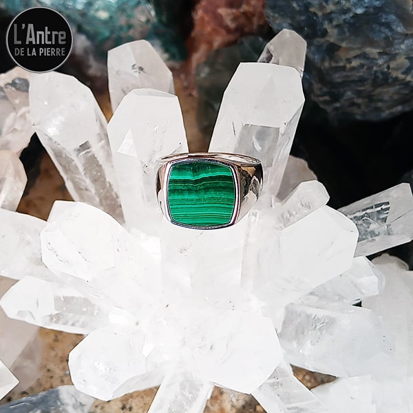 Chevalière Argent Sterling 925 Massif et Malachite Plate du Congo Qualité AA