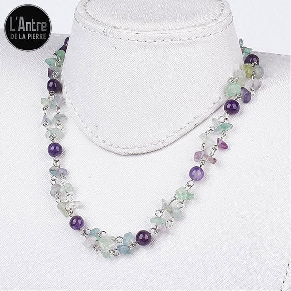Nouveau Collier en Fluorine Multicolore Boules de 8 mm et Pierres Chips et Acier 304 Inoxydable de 45 cm + 5