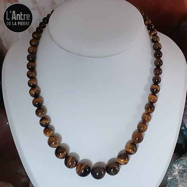 Collier en Œil de Tigre d'Afrique du Sud Boules Dégradées de 6 à 14 mm de 48 cm de Long