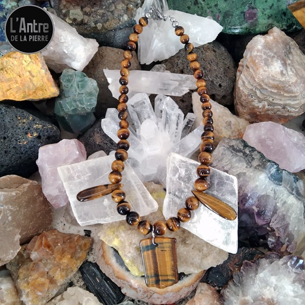 Collier Ras de Cou Betty en Suédine et Pierre Naturelle 10mm - Oeil de Tigre