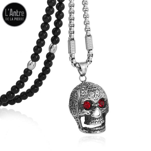 Collier Perles d'Agates Noires et Mailles en Acier Inoxydable avec un Crâne aux Yeux Rouges en Pendentif