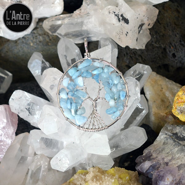 Pendentif Arbre de Vie Circulaire Aigue-Marine en Métal Argenté