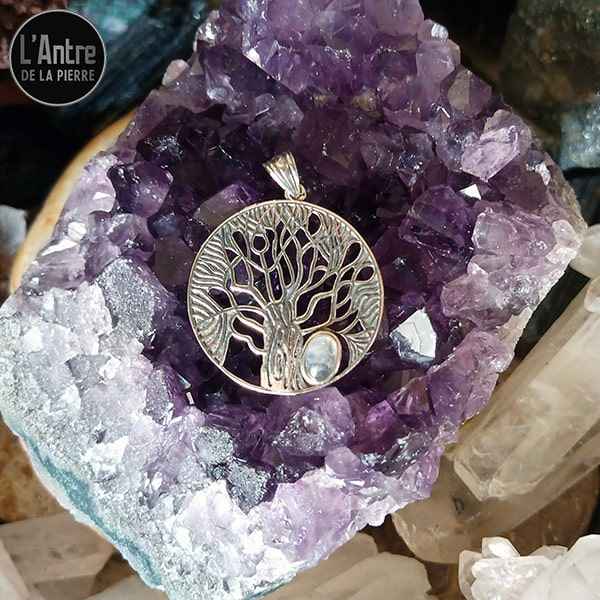 Pendentif Arbre de Vie et Pierre de Lune Arc en Ciel Argent 925