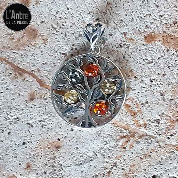 Pendentif Hibou En Ambre Baltique Sculpté - Monture Argent 925 Plaqué Or - Bijou Lituanie