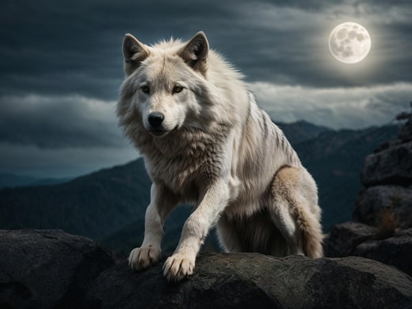 Loup blanc à la pleine lune symboles du loup