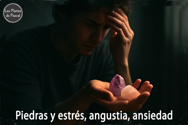 Hombre ansioso sosteniendo piedras naturales en la mano - amatista y cuarzo rosa para calmar la ansiedad y el estrés