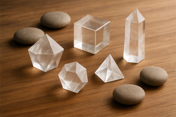 Photo des 5 solides de Platin en cristal de roche