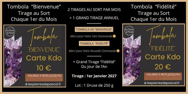 Image avec explications 2 tirages au sort chaque 1er du mois + grand tirage annuel le 1er janvier 2027
