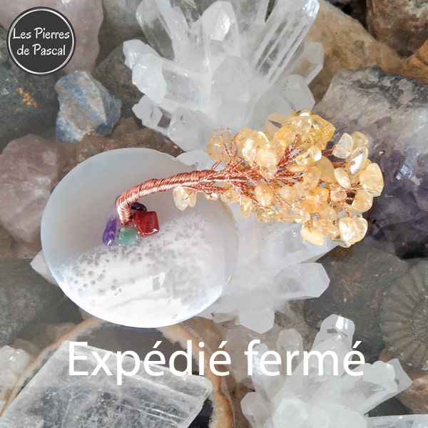 Grand Arbre de 12 cm en Fil de Cuivre avec des Pépites de Citrine et un Socle en Tranche d'Agate Grise ou Marron
