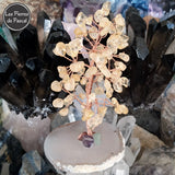 Grand Arbre de 12 cm en Fil de Cuivre avec des Pépites de Citrine et un Socle en Tranche d'Agate Grise ou Marron