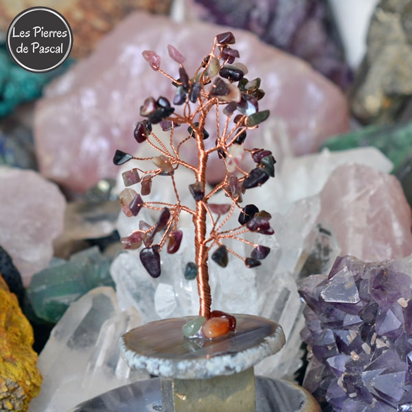 Grand Arbre de 12 cm en Fil de Cuivre avec des Pépites en Tourmaline Melon d'Eau et un Socle en Tranche d'Agate