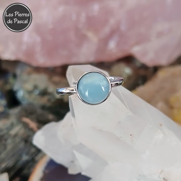 Bague Ajustable Argent Aigue-Marine Ronde du Brésil