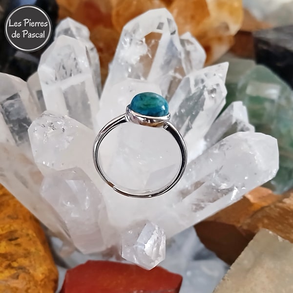 Bague Ajustable en Argent Sterling 925 avec Chrysocolle Ronde Grade 2A du Pérou