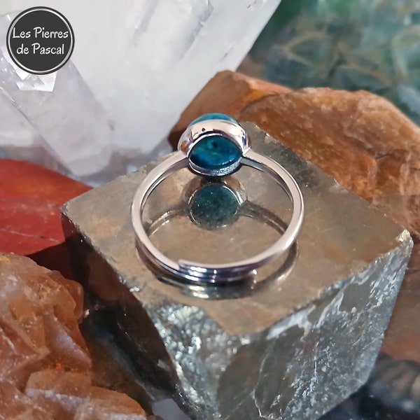 Bague Ajustable en Argent Sterling 925 avec Chrysocolle Ronde Grade 2A du Pérou