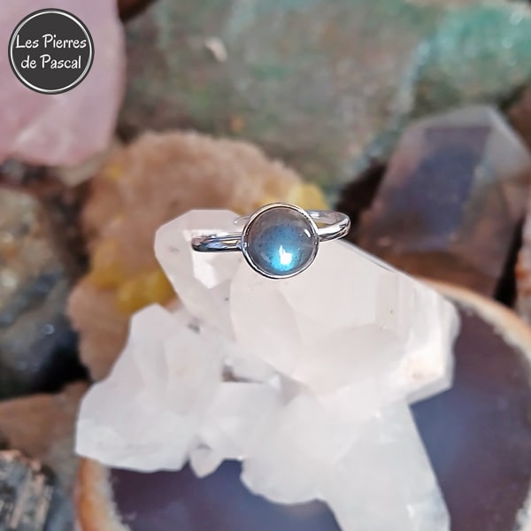 Bague Ajustable en Argent Sterling 925 avec une Labradorite Ronde
