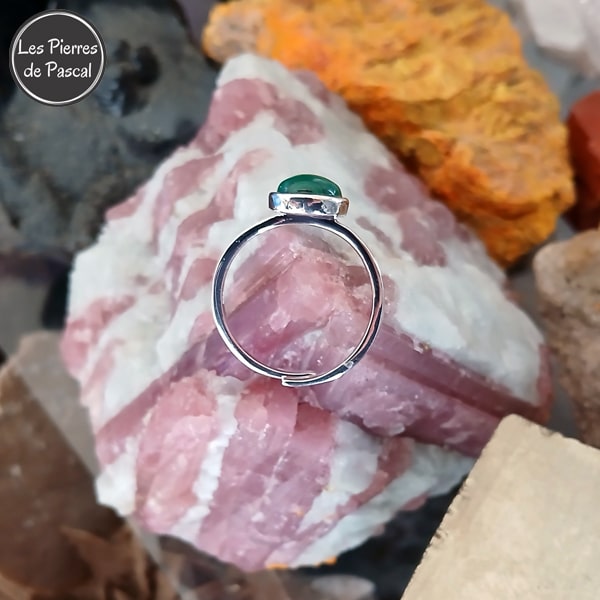 Bague Ajustable en Argent Sterling 925 avec Malachite Ronde Grade 3A du Congo