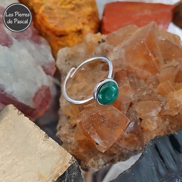 Bague Ajustable en Argent Sterling 925 avec Malachite Ronde Grade 3A du Congo