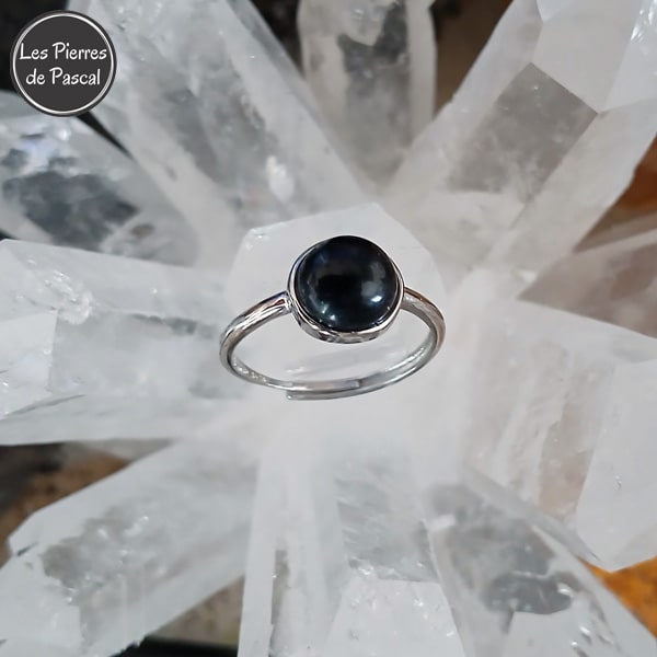 Bague Argent  Obsidienne Noire Ronde