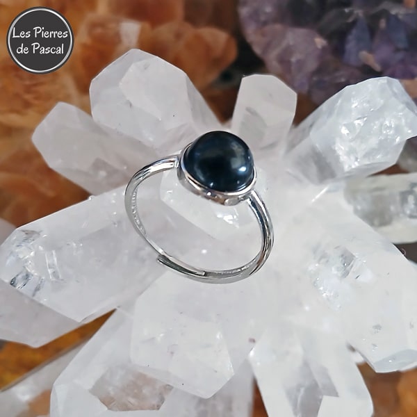 Bague Ajustable en Argent Sterling 925 avec une Obsidienne Noire Ronde Grade 2A du Mexique