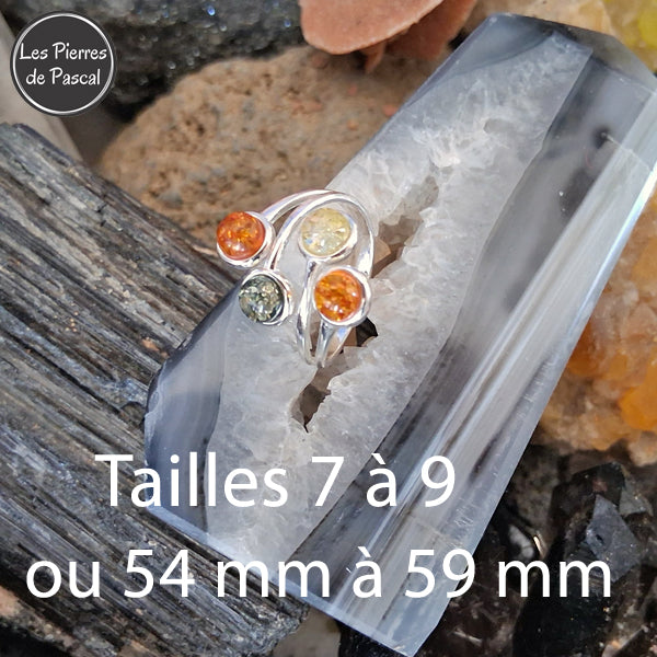 Bague Ajustable en Argent Sterling 925 avec 4 Pierres d'Ambre Multicolore en Ambre Vert, Cognac et Jaune Taille 8