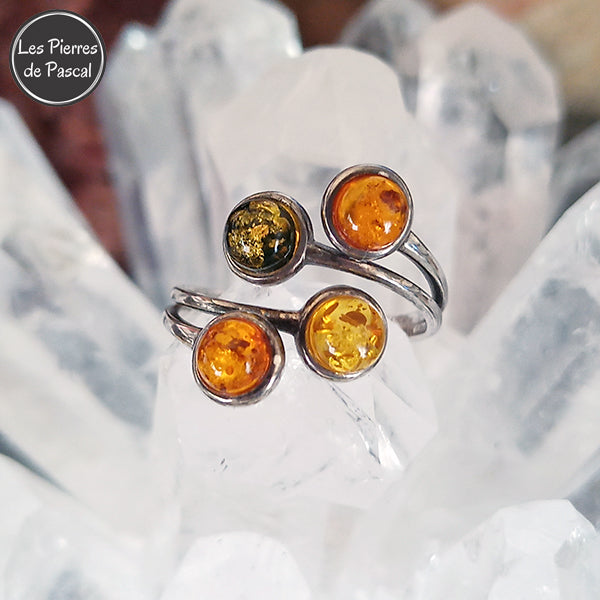 Bague Ajustable en Argent Sterling 925 avec 4 Pierres d'Ambre Multicolore en Ambre Vert, Cognac et Jaune sur une druse de cristal