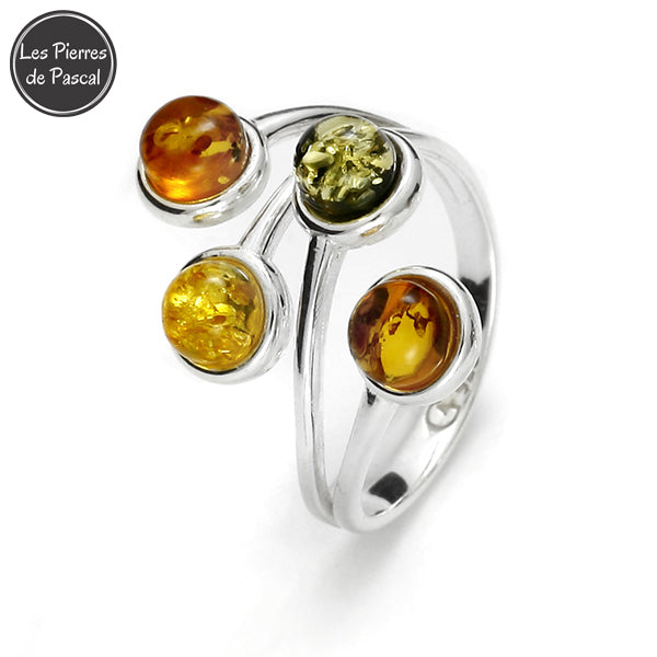 Bague Ajustable en Argent Sterling 925 avec 4 Pierres d'Ambre Multicolore en Ambre Vert, Cognac et Jaune sur fond blanc