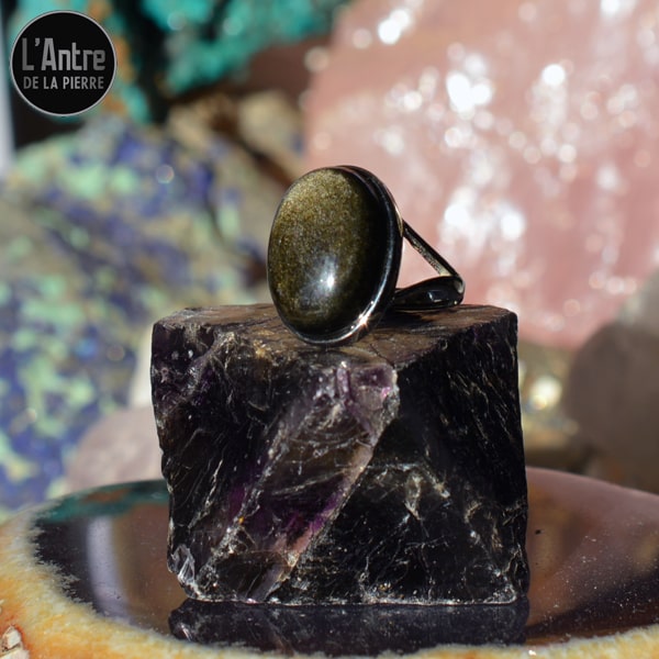 Bague Ajustable Argent Sterling 925 et Belle Obsidienne Dorée