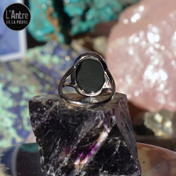 Bague Ajustable Argent Sterling 925 et Belle Obsidienne Dorée