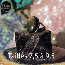 Bague Ajustable Argent Sterling 925 et Belle Obsidienne Dorée