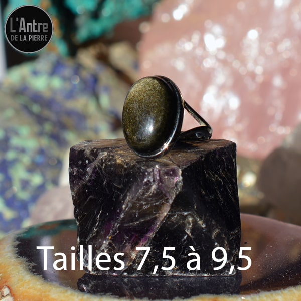 2 Nouvelles tailles - Bague Ajustable Obsidienne Dorée Argent Sterling 925