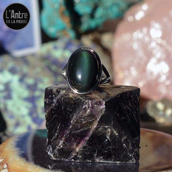 Bague Argent Sterling 925 et Belle Pierre Naturelle Obsidienne Œil de Chat, ou Arc en Ciel ou encore Œil Céleste