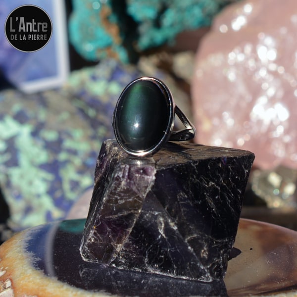 Bague Argent Sterling 925 et Belle Pierre Naturelle Obsidienne Œil de Chat, ou Arc en Ciel ou encore Œil Céleste