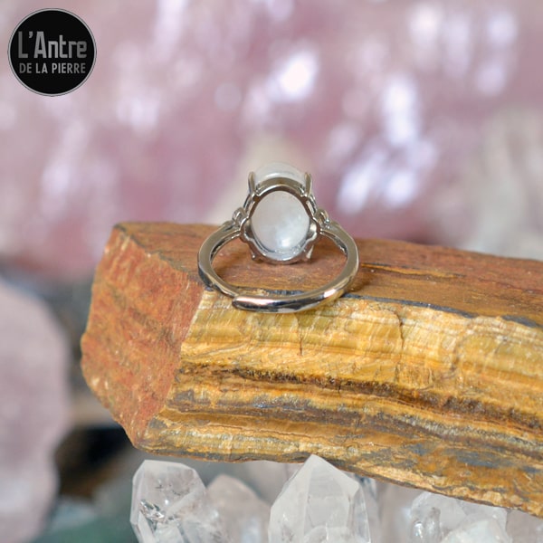 Bague Ajustable avec un Cabochon Pierre de Lune Arc en Ciel du Sri Lanka de Grade 2A en Argent Sterling 925