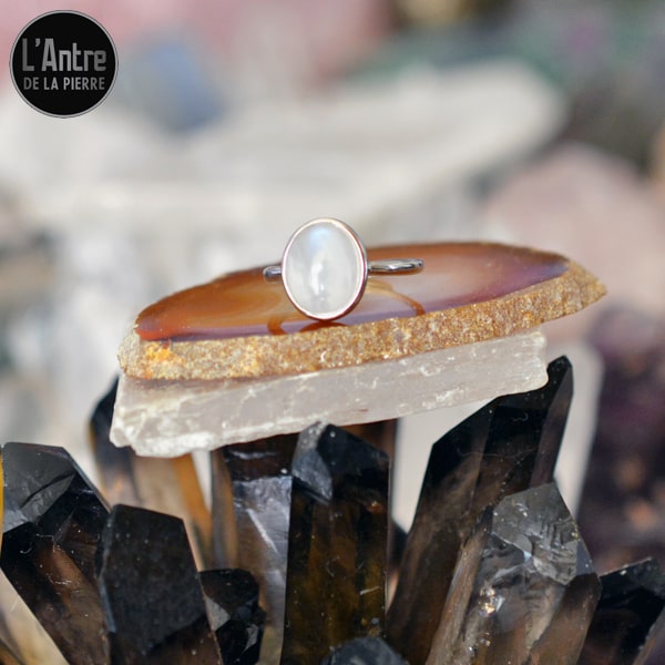 Bague Réglable Pierre De Lune Arc-en-ciel Ovale - Plaqué Argent - Artisanale Inde