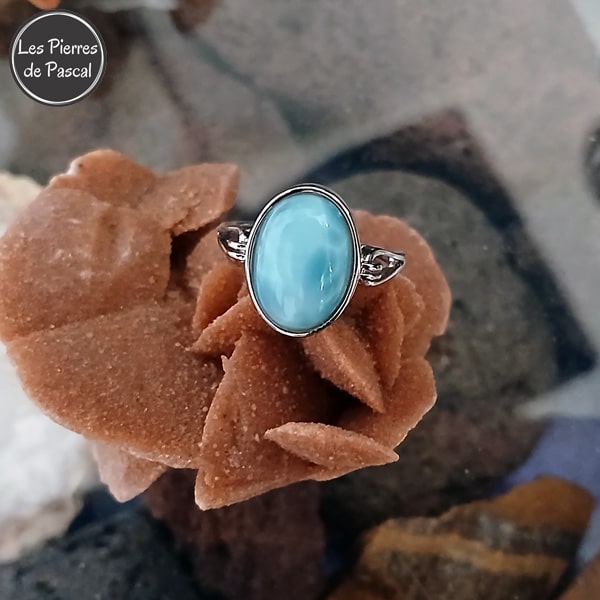 Bague Ajustable en Argent Sterling 925 avec du Larimar de Saint-Domingue Grade 5A Tailles 7 à 8