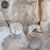 Paire de Boucles d'Oreilles Arbre de Vie Circulaire avec Pépites en Cristal de Roche de 3 cm, en Métal Argenté et Crochets Argent 925