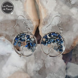 Paire de Boucles d'Oreilles Arbre de Vie Circulaire de 3 cm avec des Pépites en Lapis-Lazuli de Grade A, en Métal Argenté et Crochets en Argent 925