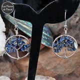 Paire de Boucles d'Oreilles Arbre de Vie Circulaire de 3 cm avec des Pépites en Lapis-Lazuli de Grade A, en Métal Argenté et Crochets en Argent 925