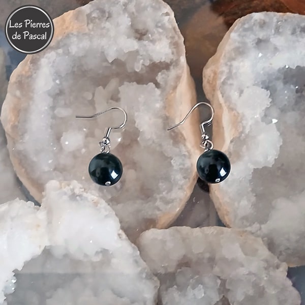 Paire de Boucles d'Oreilles Obsidienne Arc en Ciel ou Œil Céleste du Mexique Boules de 12 mm et de Grade A+