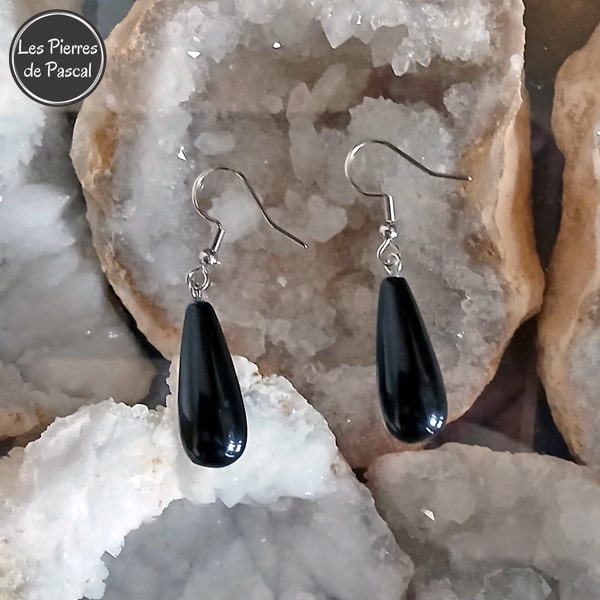 Longues Boucles d'Oreilles avec Obsidienne Noire en Forme de Goutte et Crochets en Argent Sterling 925