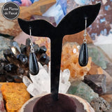 Longues Boucles d'Oreilles avec Obsidienne Noire en Forme de Goutte et Crochets en Argent Sterling 925