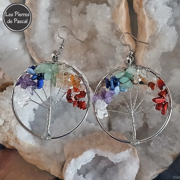 Paire de Boucles d'Oreilles Arbre de Vie Circulaire 7 Chakras de 5 cm avec Pierres Naturelles, en Métal Argenté et Crochets Argent 925