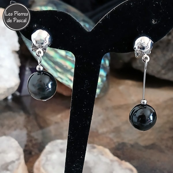 Paire de Boucles d'Oreilles Obsidienne Arc en Ciel du Mexique Grade A Boule de 12 mm avec des Clapets