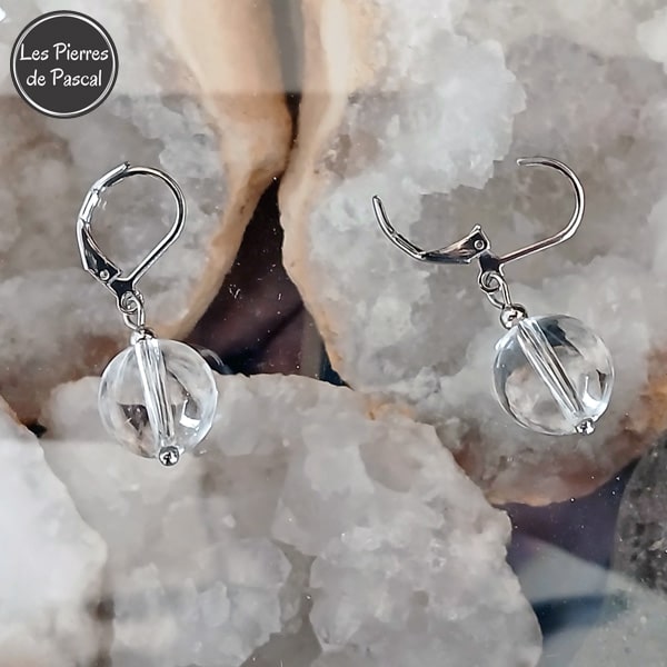 Paire de Boucles d'Oreilles Cristal de Roche 12 mm Grade 2A avec des Dormeuses