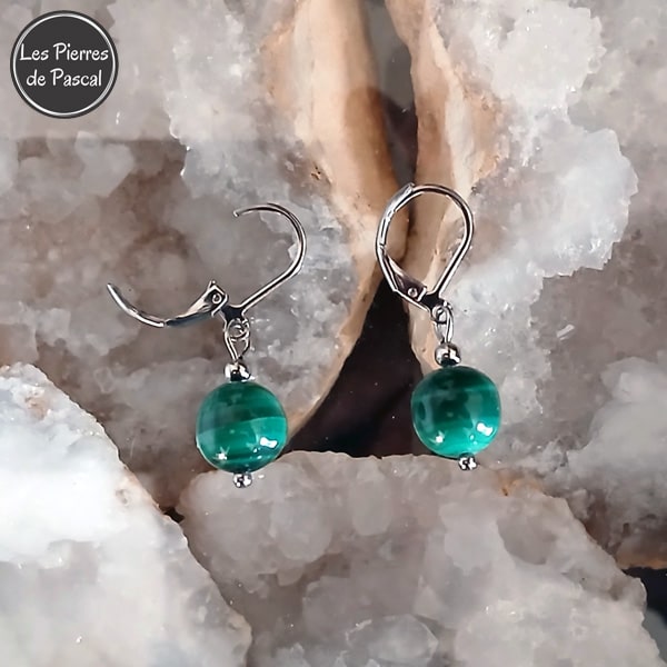 Paire de Boucles d'Oreilles en Malachite du Congo Grade 2A Boules de 10 mm avec des Dormeuses