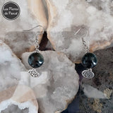 Paire de Boucles d'Oreilles Obsidienne Arc en Ciel du Mexique Grade A+ Boule de 14 mm et un Arbre de Vie en Pendant avec Crochets Argent 925