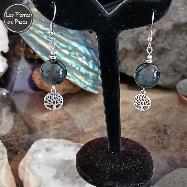 Paire de Boucles d'Oreilles Obsidienne Arc en Ciel du Mexique Grade A+ Boule de 14 mm et un Arbre de Vie en Pendant avec Crochets Argent 925