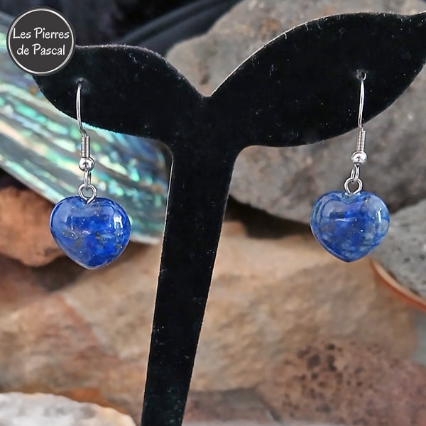 Paire de Boucles d'Oreilles Petits Cœurs en Lapis-Lazuli d'Afghanistan Grade A et Crochets en Argent Sterling 925